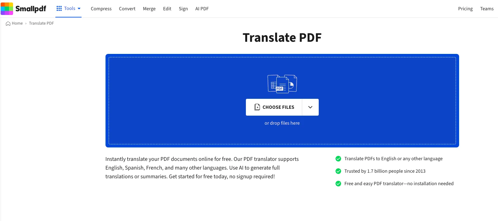Smallpdf PDF Translator