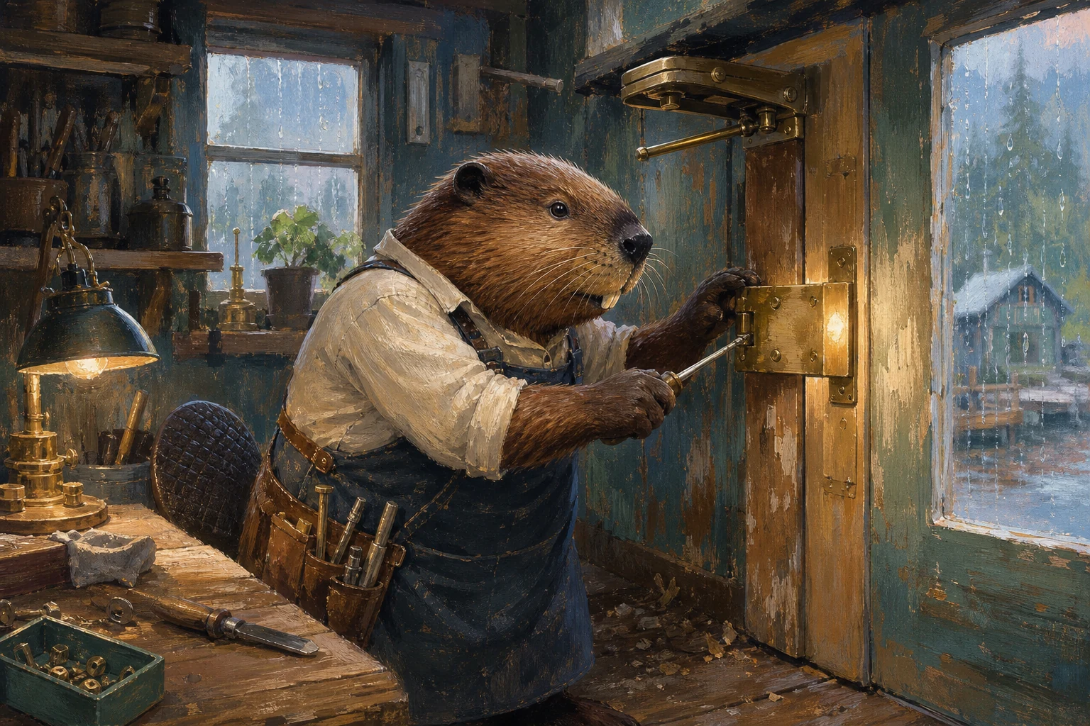 Người thủ công Beaver sửa chữa cửa tự động bằng gỗ